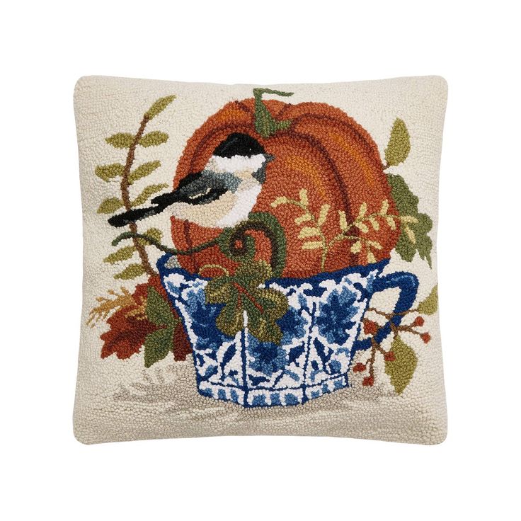 Fall Bird, Pumpkin, Leaves and Teacup Wool Hooked Pillow 18"x18"