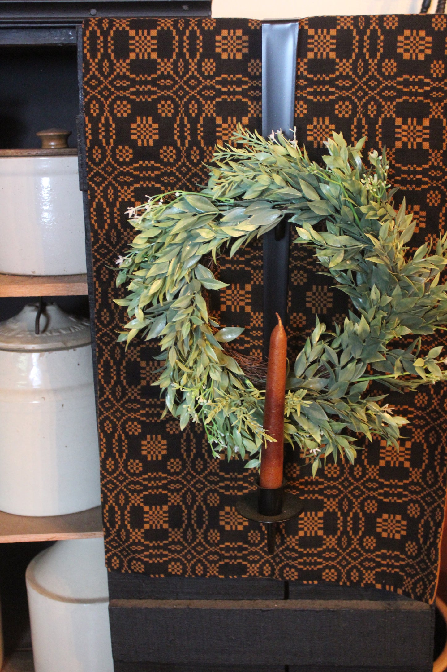 Primitive Wrought Iron Over the Door Wreath and Candle Holder