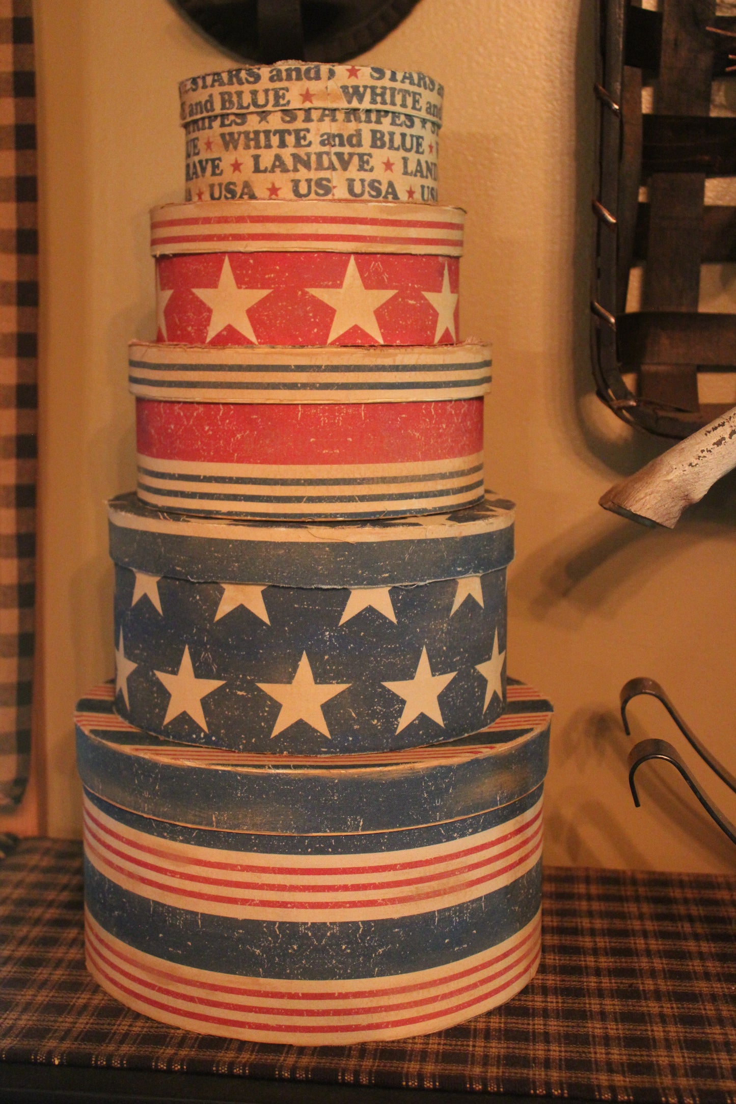 Primitive Americana Fabric Covered Pantry Stacking Boxes Set of 5