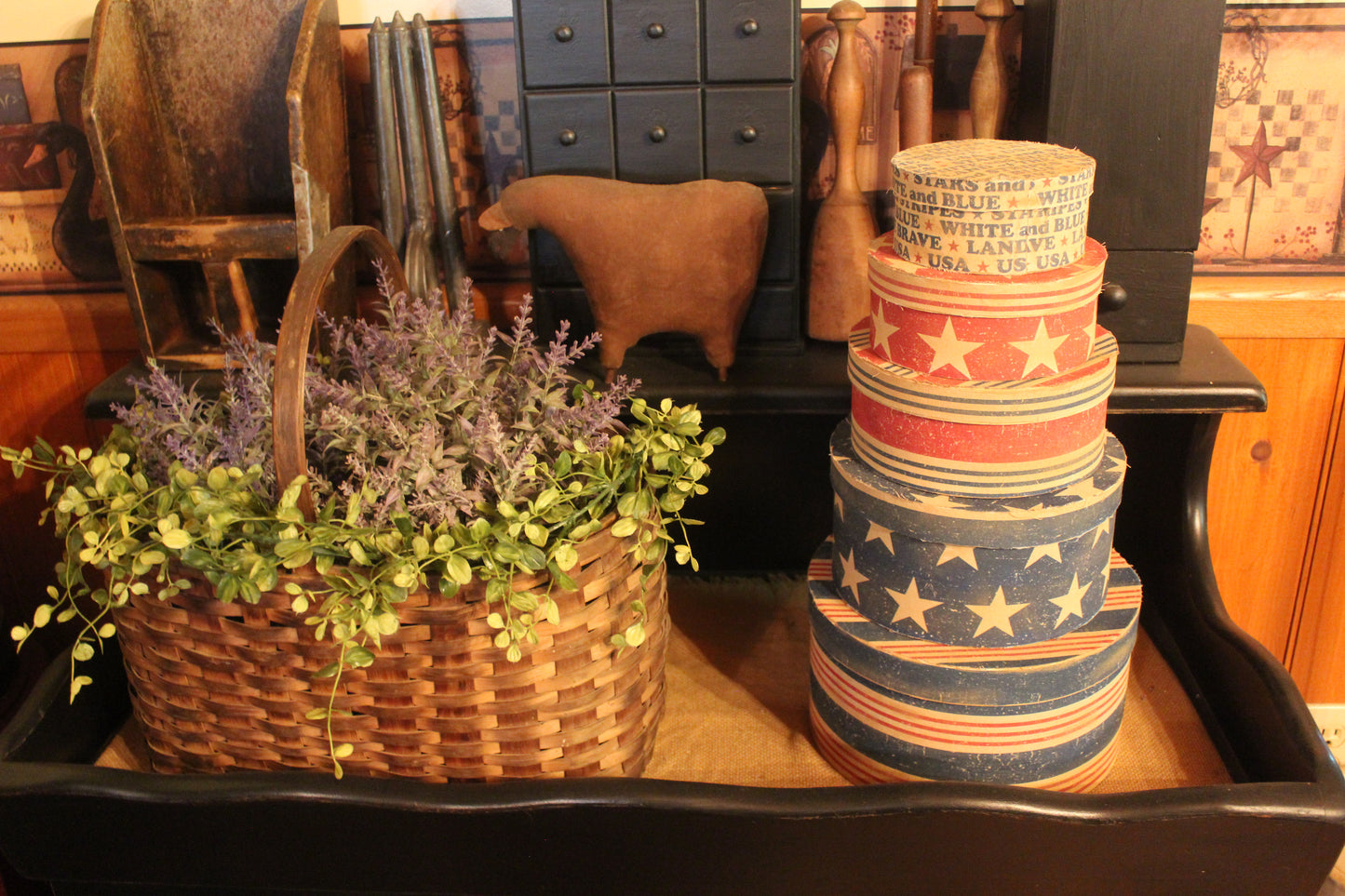 Primitive Americana Fabric Covered Pantry Stacking Boxes Set of 5