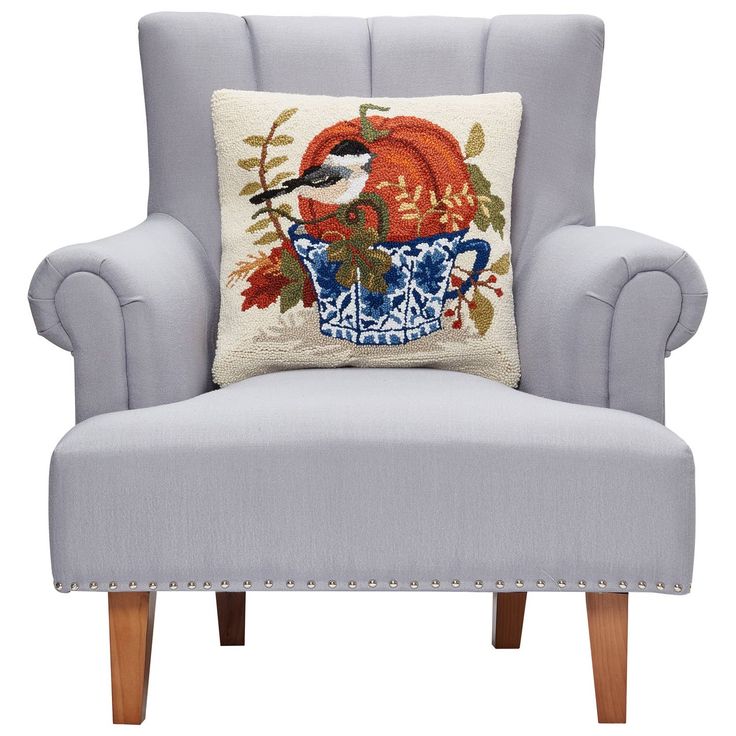 Fall Bird, Pumpkin, Leaves and Teacup Wool Hooked Pillow 18"x18"