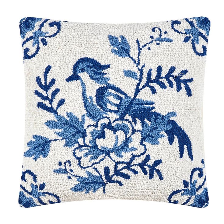 Primitive Colonial Blue Bird Wool Hooked Pillow 18" x 18"