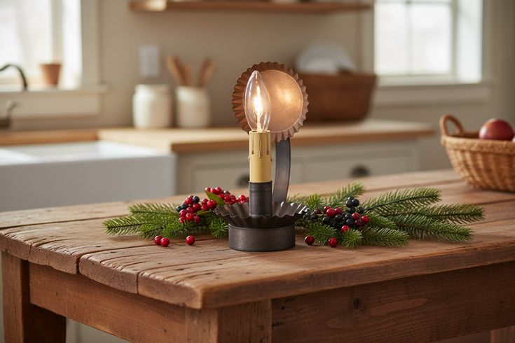 Primitive Black Cabin Chamberstick Lamp with Reflector