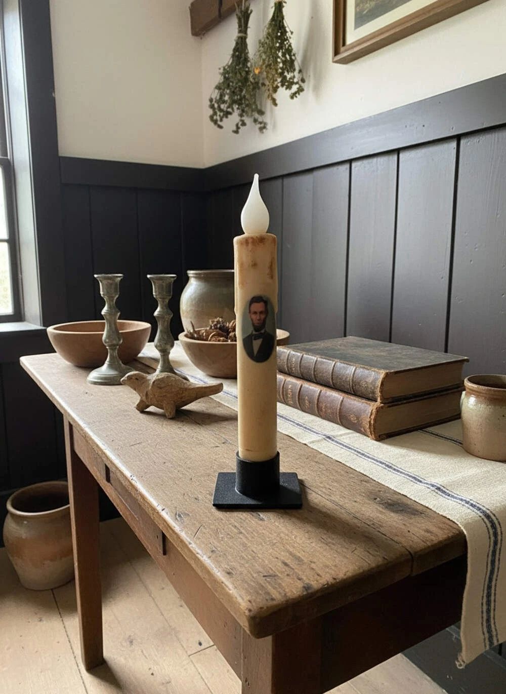 Primitive Handcrafted Colonial President Lincoln Timer Taper Candle 7"