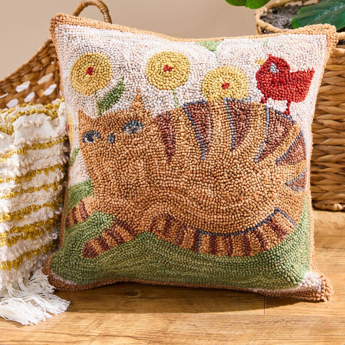 Primitive Folk Art Orange Tabby Cat Hooked Pillow Cover 18"x18"