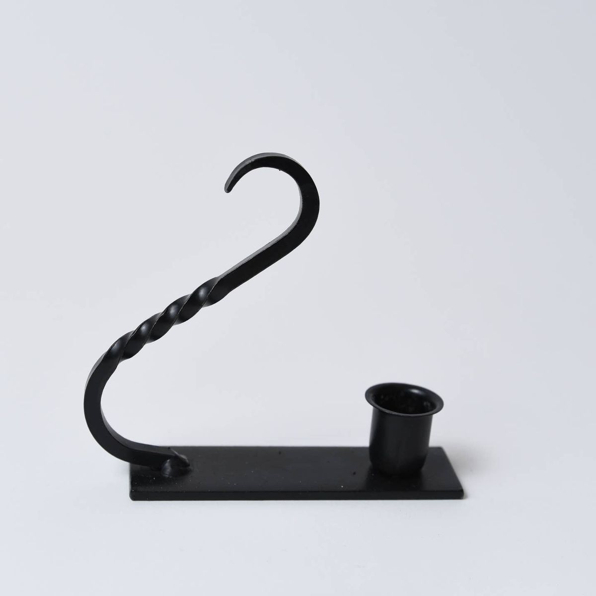Primitive Hand Crafted Iron Taper Candle Holder with Curved Handle, Black