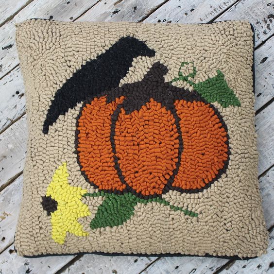 Primitive Crow and Pumpkin Wool Hooked Pillow 14"x14"