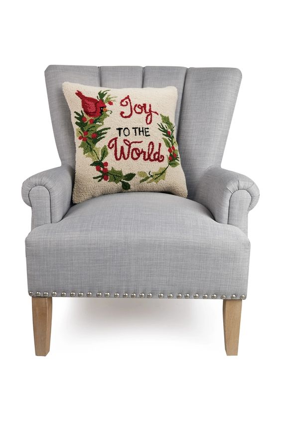 Primitive Joy To the World Wool Hooked Pillow 18"x18"