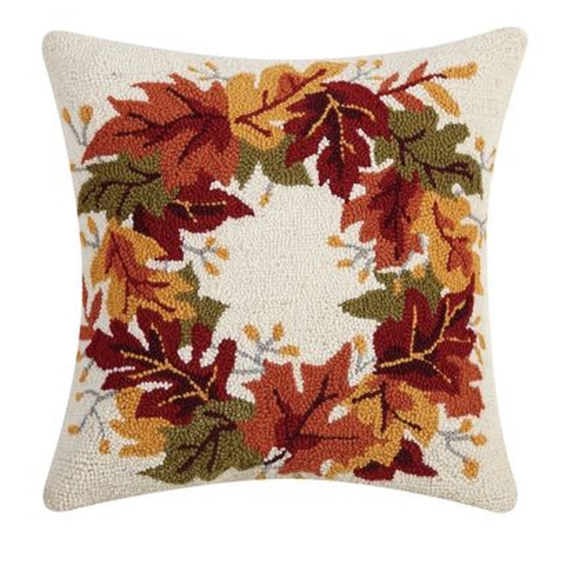 Fall Leaves Wreath Wool Hook Pillow 18" x 18"