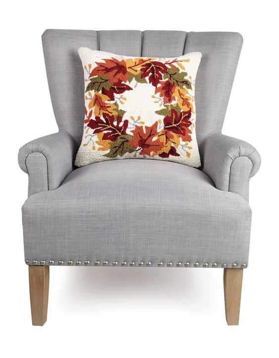 Fall Leaves Wreath Wool Hook Pillow 18" x 18"