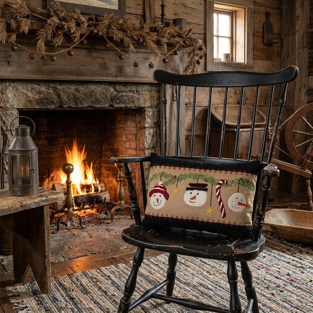 Primitive Snowmen and Garland Wool Felt Pillow 14"X20"
