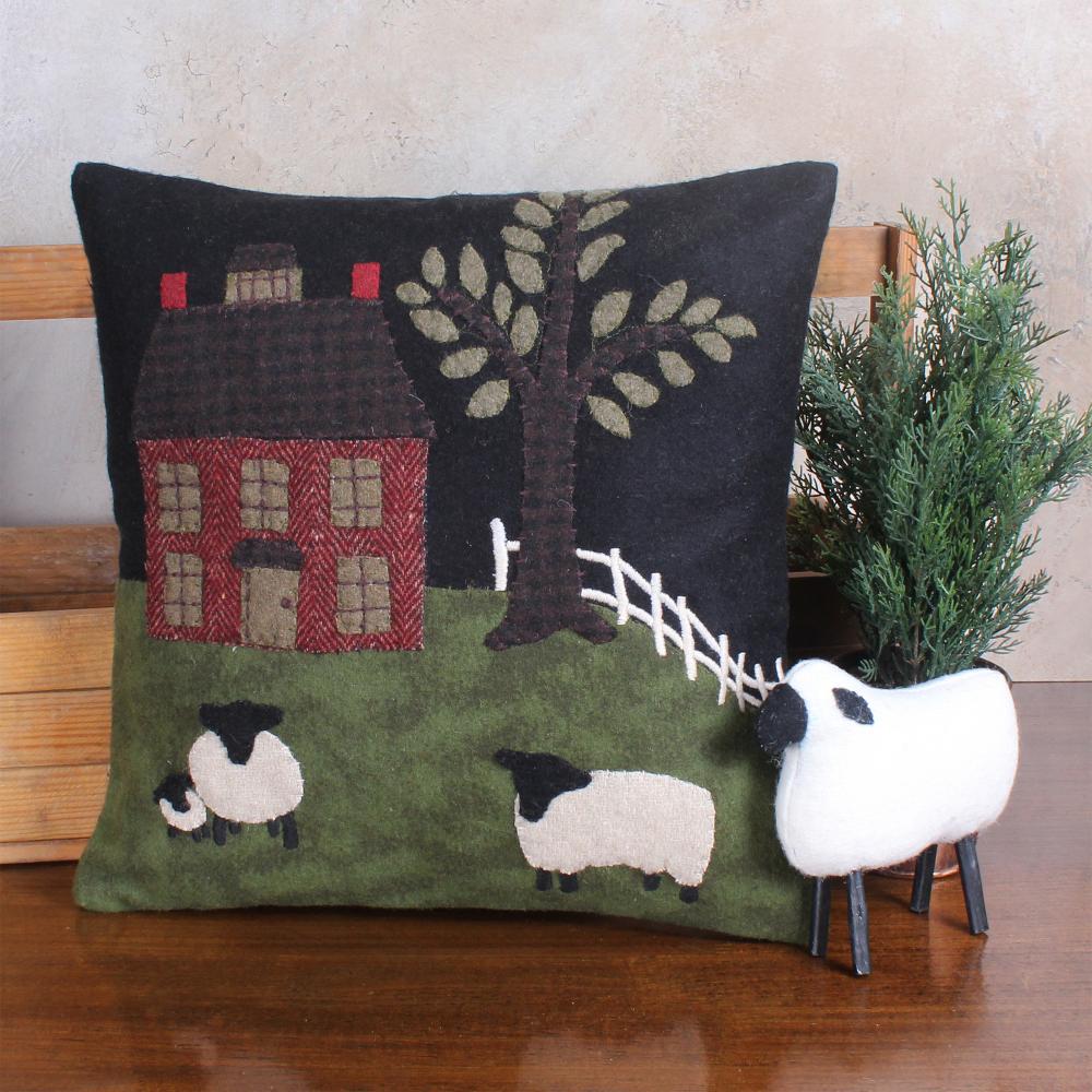 Primitive Colonial House and Sheep Wool Felt Pillow 14"x14"