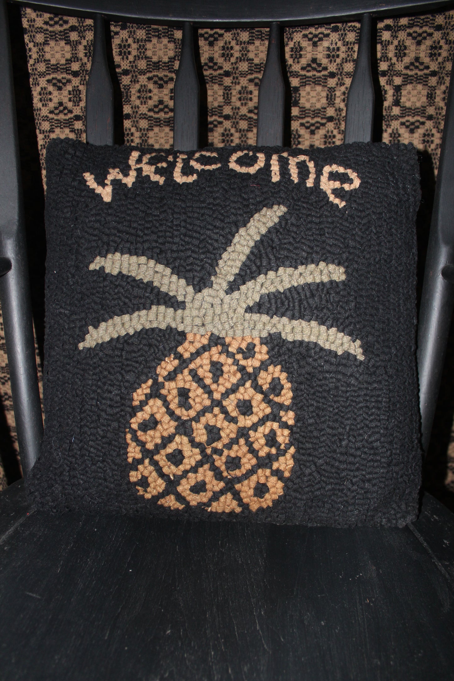 Primitive Hooked Wool 14"x14" Pineapple Welcome Pillow