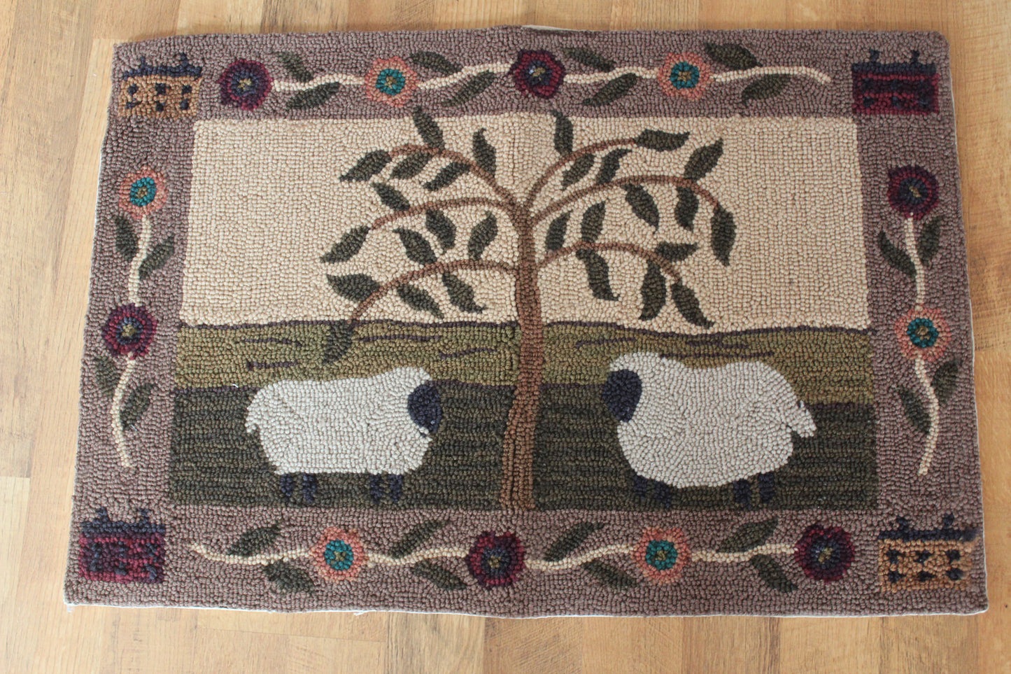 Primitive Folk Art Willow and Sheep Hooked Rug 2'x3'