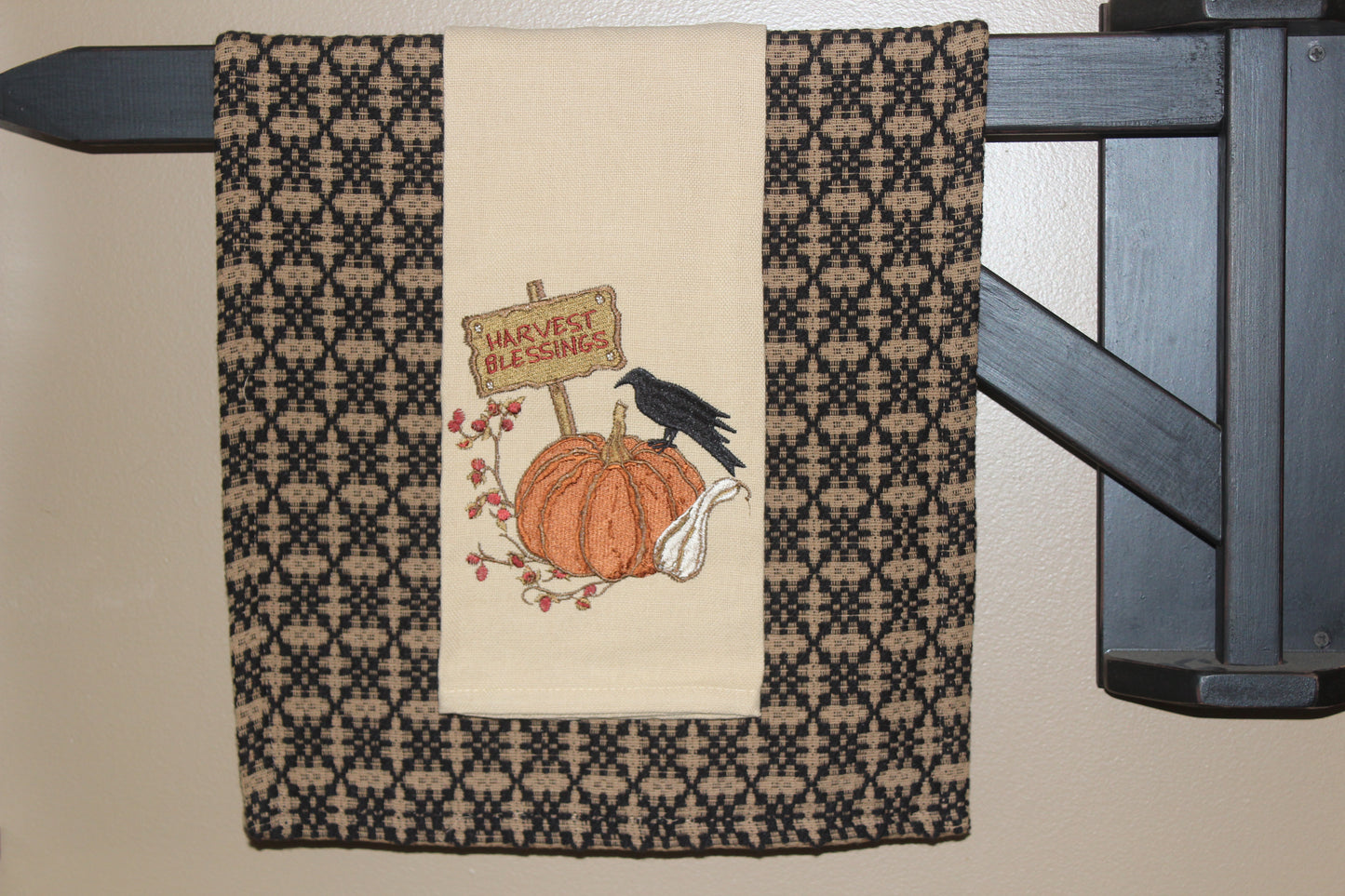 Primitive Crow and Pumpkin Embroidered Dishtowel 18"x28"