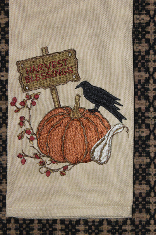 Primitive Crow and Pumpkin Embroidered Dishtowel 18"x28"