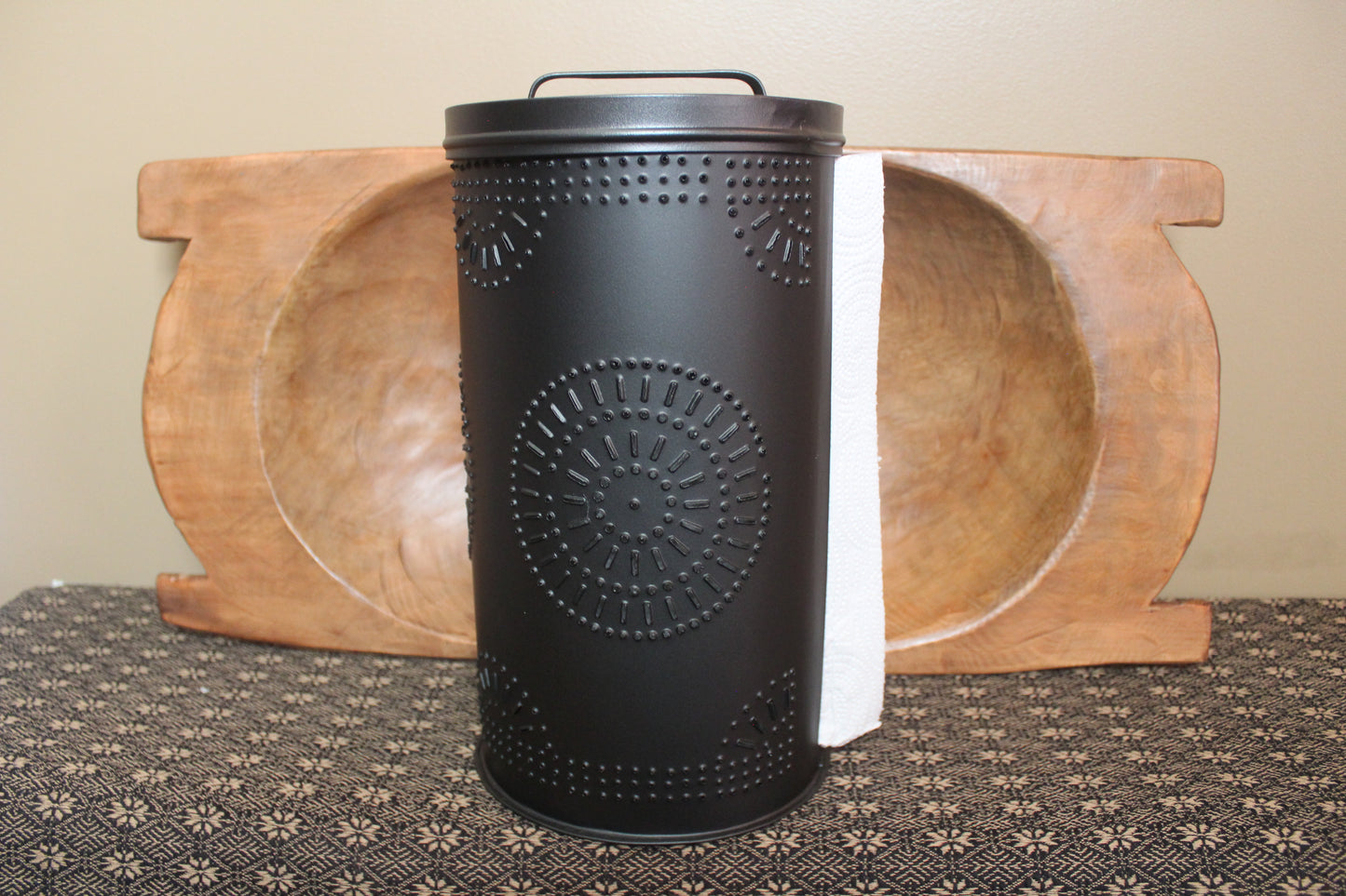 Primitive Punched Tin Paper Towel Holder, Black