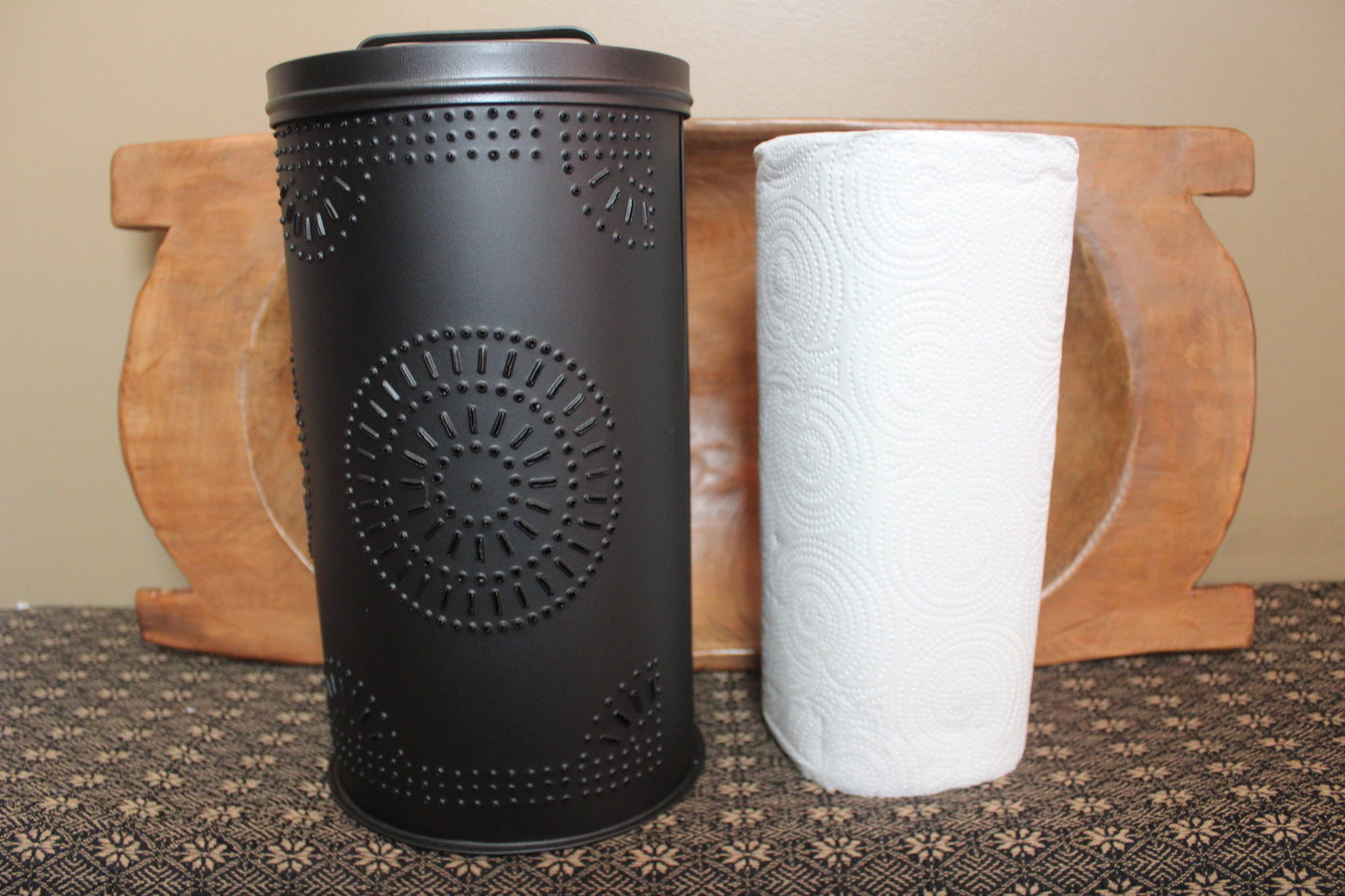 Primitive Punched Tin Paper Towel Holder, Black