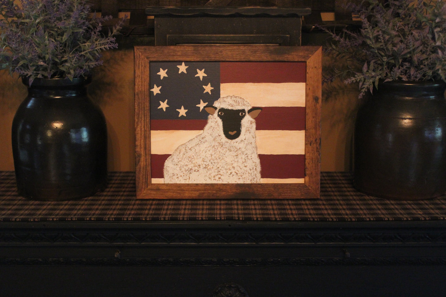 Hand-Painted Folk Art Sheep and Flag with Frame