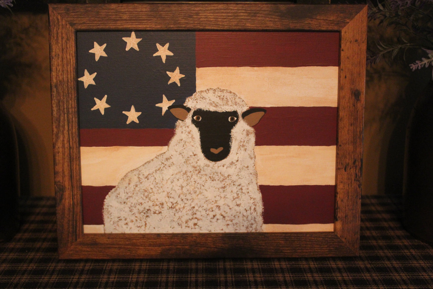 Hand-Painted Folk Art Sheep and Flag with Frame