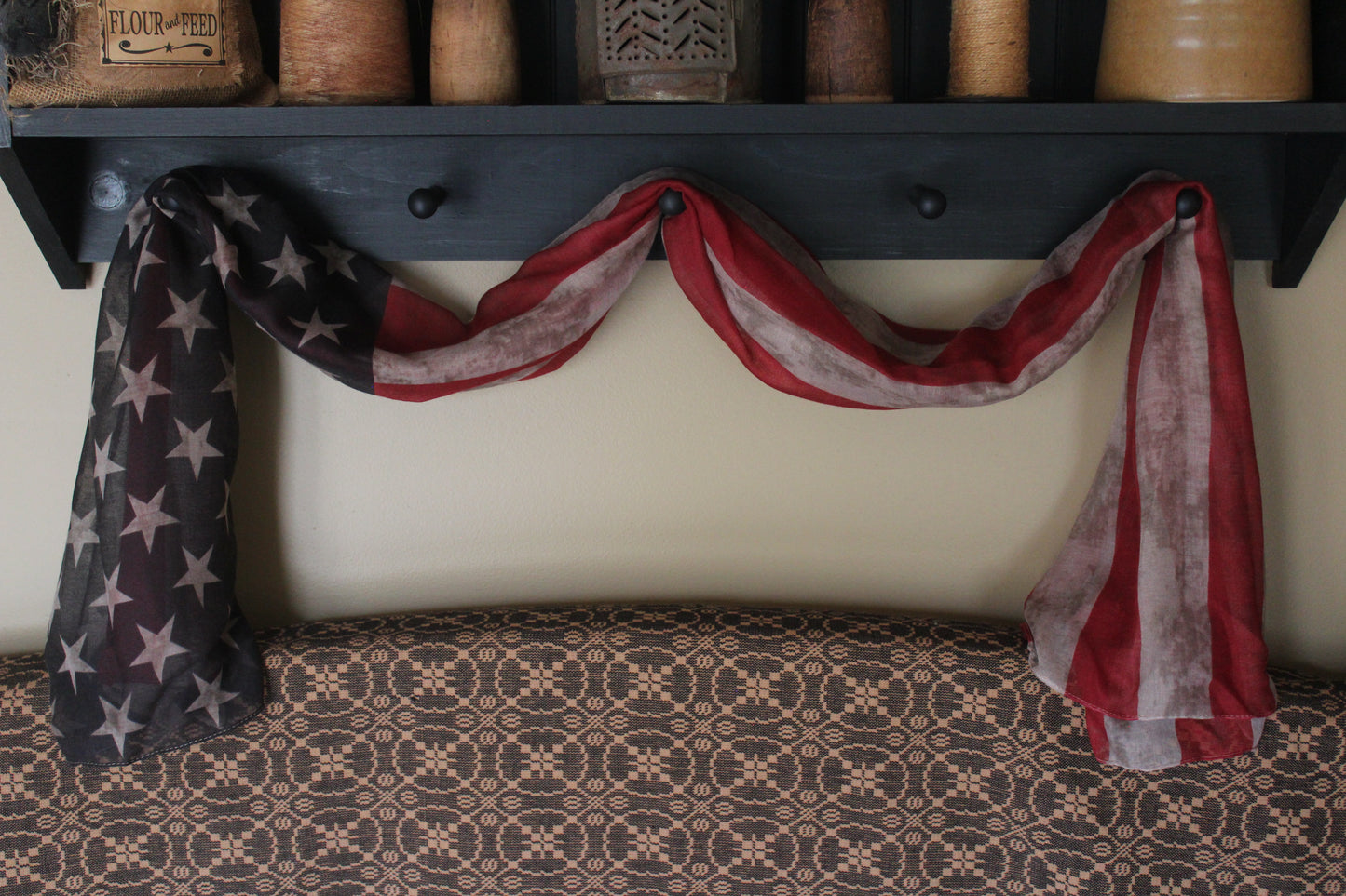 Primitive/Colonial Tea Stained American Flag Scarf 40"x72"