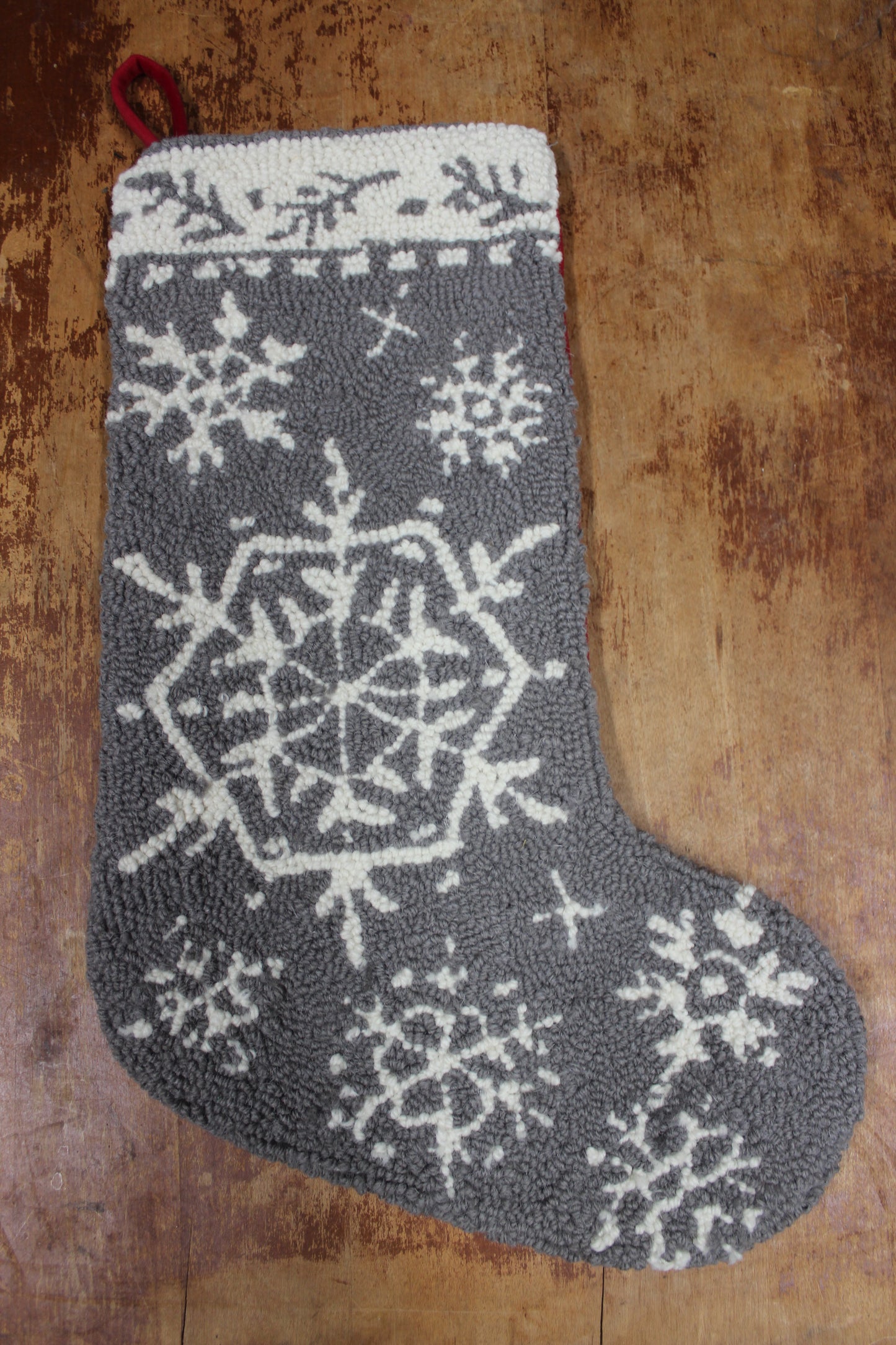 Primitive Grey/White Snowflake Wool Hooked Christmas Stocking 22"