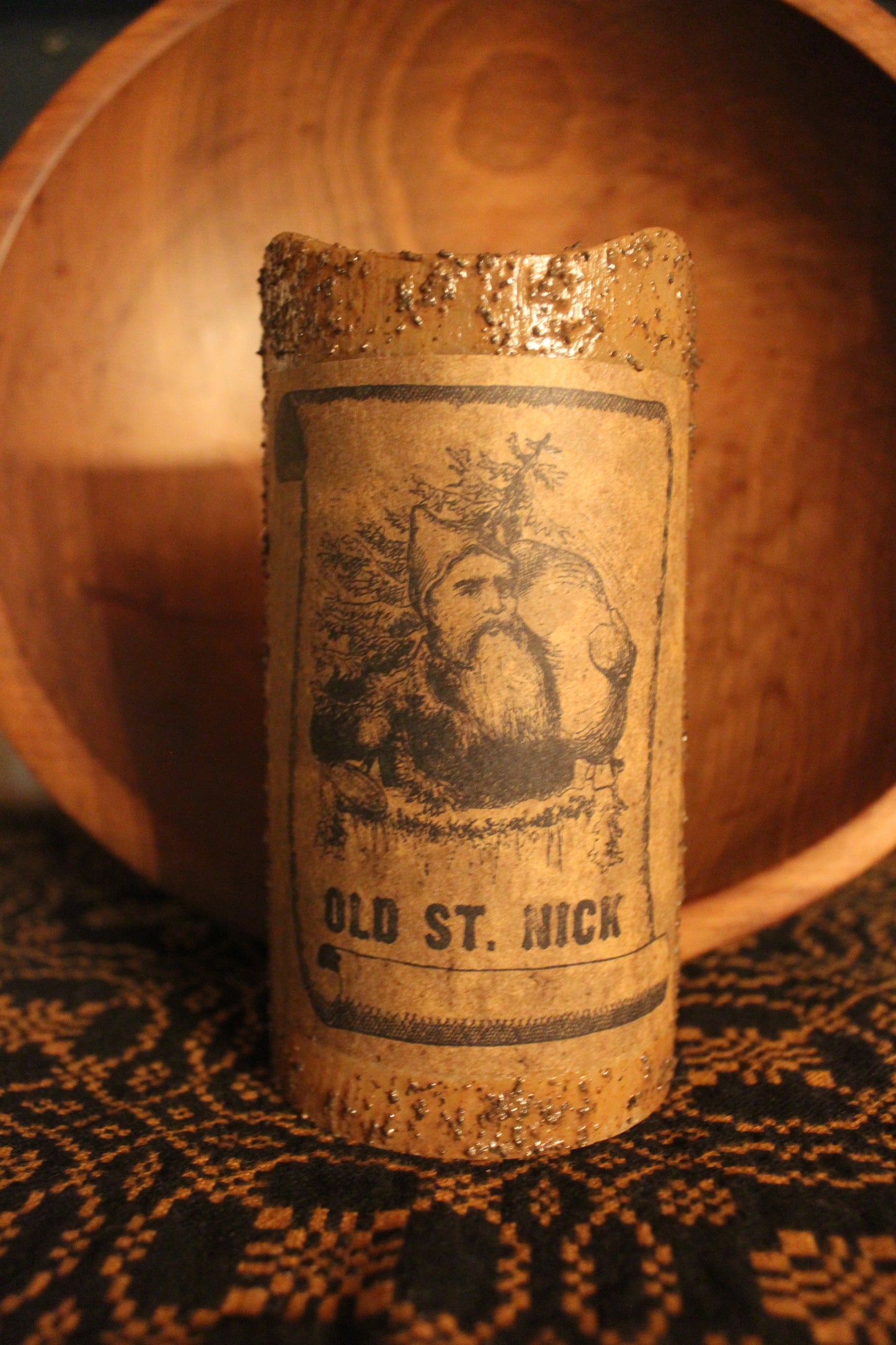 Primitive Grungy "Old St Nick" Flameless Timer Pillar Candle 6"x3"