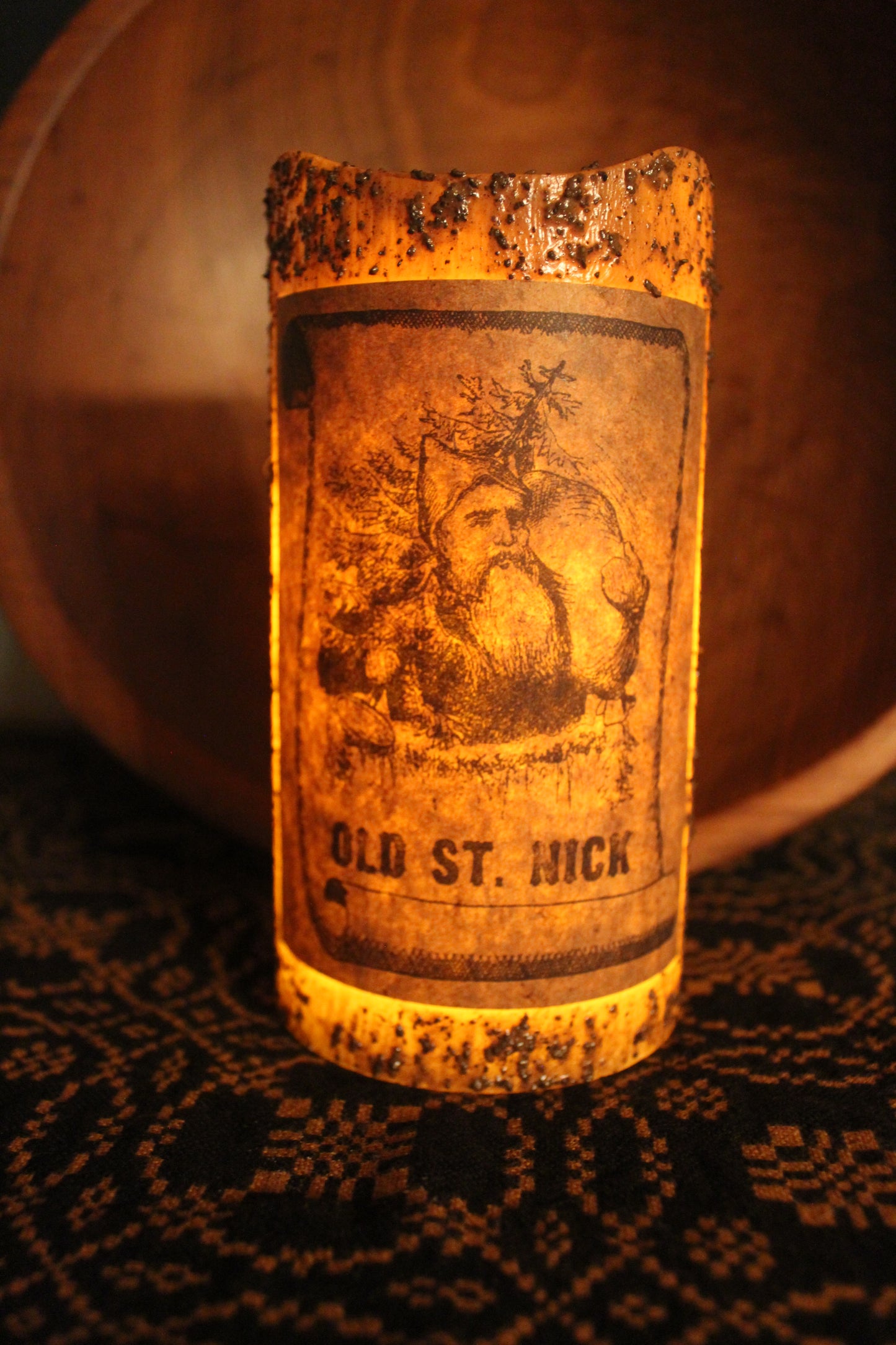 Primitive Grungy "Old St Nick" Flameless Timer Pillar Candle 6"x3"