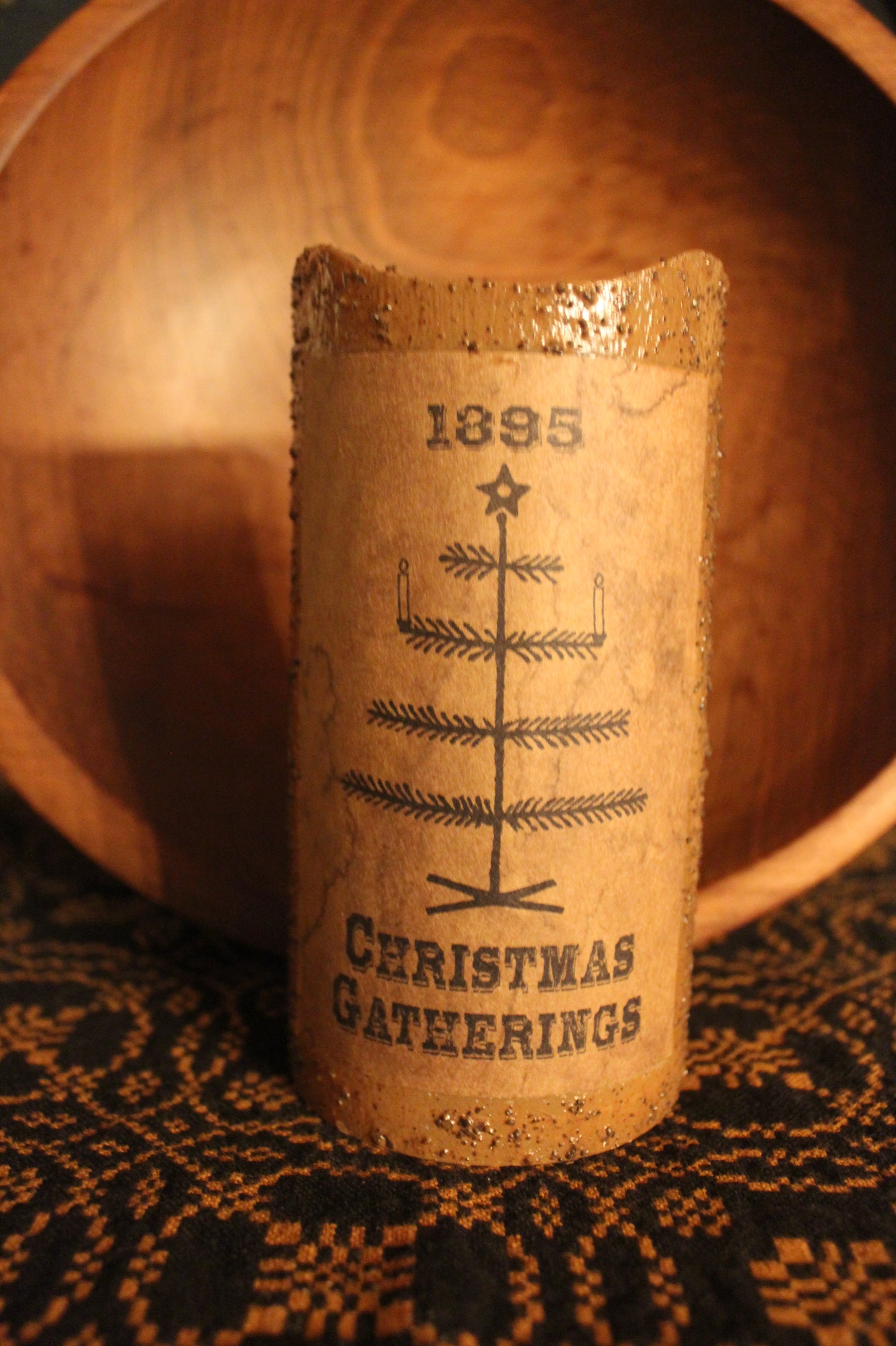 Primitive Grungy "1895 Christmas Gatherings" Flameless Timer Candle 6"x3"