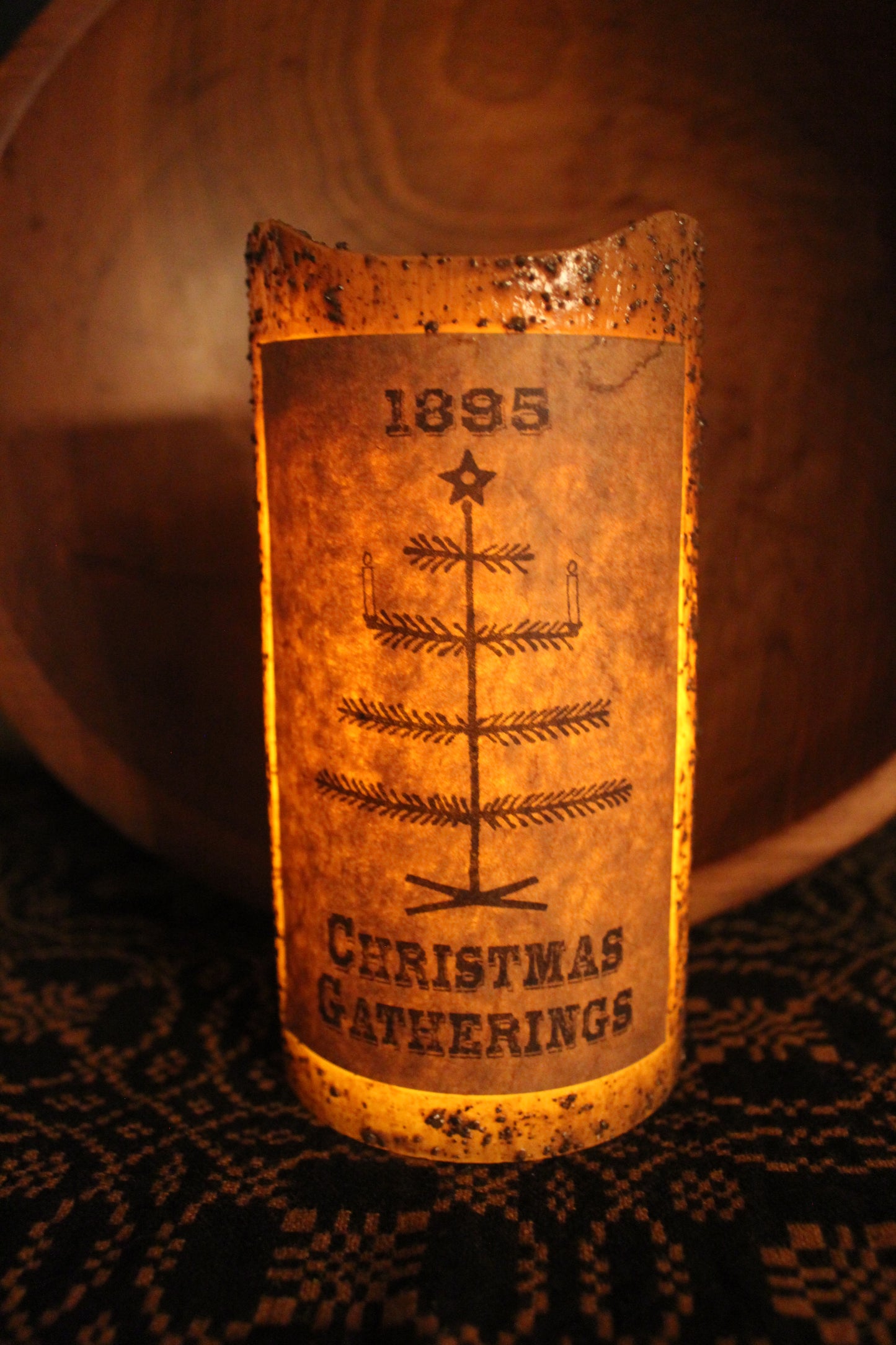 Primitive Grungy "1895 Christmas Gatherings" Flameless Timer Candle 6"x3"