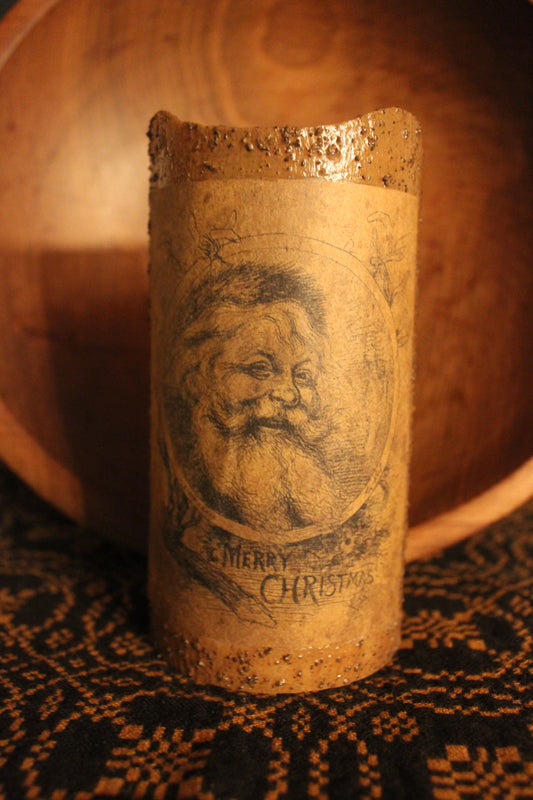 Primitive Grungy Santa "Merry Christmas" Flameless Timer Candle 6"x3"