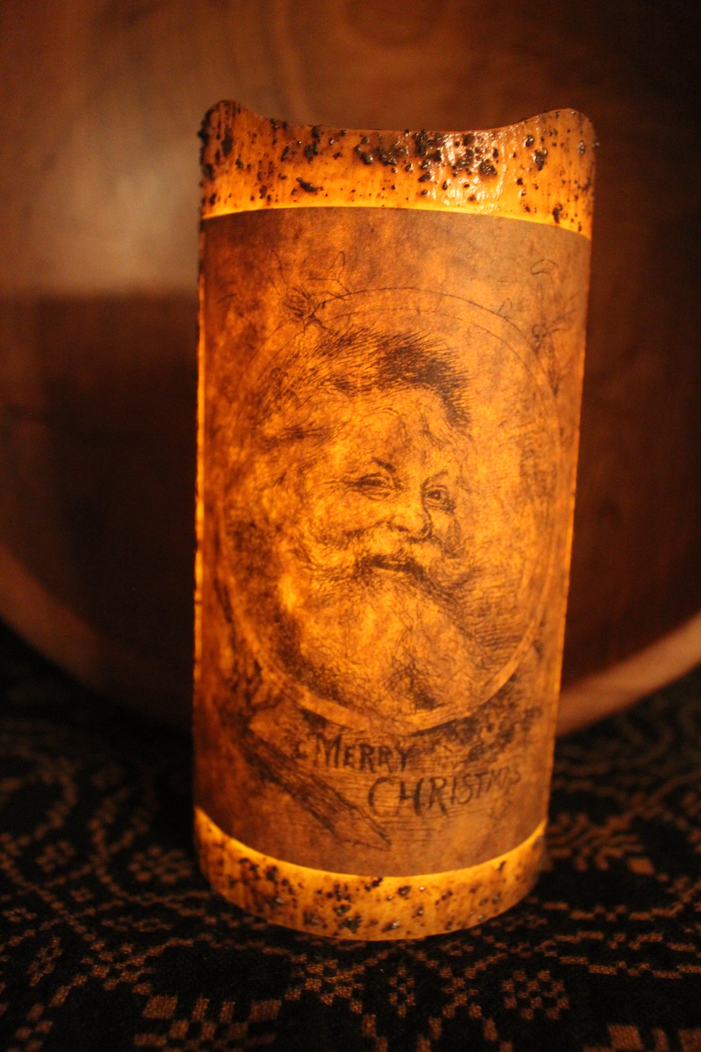 Primitive Grungy Santa "Merry Christmas" Flameless Timer Candle 6"x3"