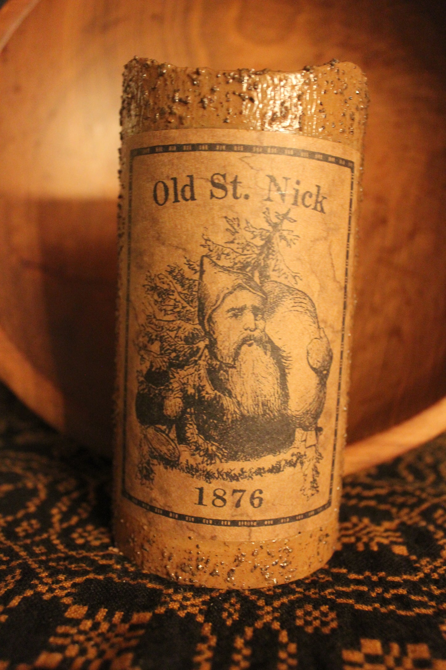 Primitive "Old St Nick 1876" Grungy Flameless Timer Candle 6"x3"