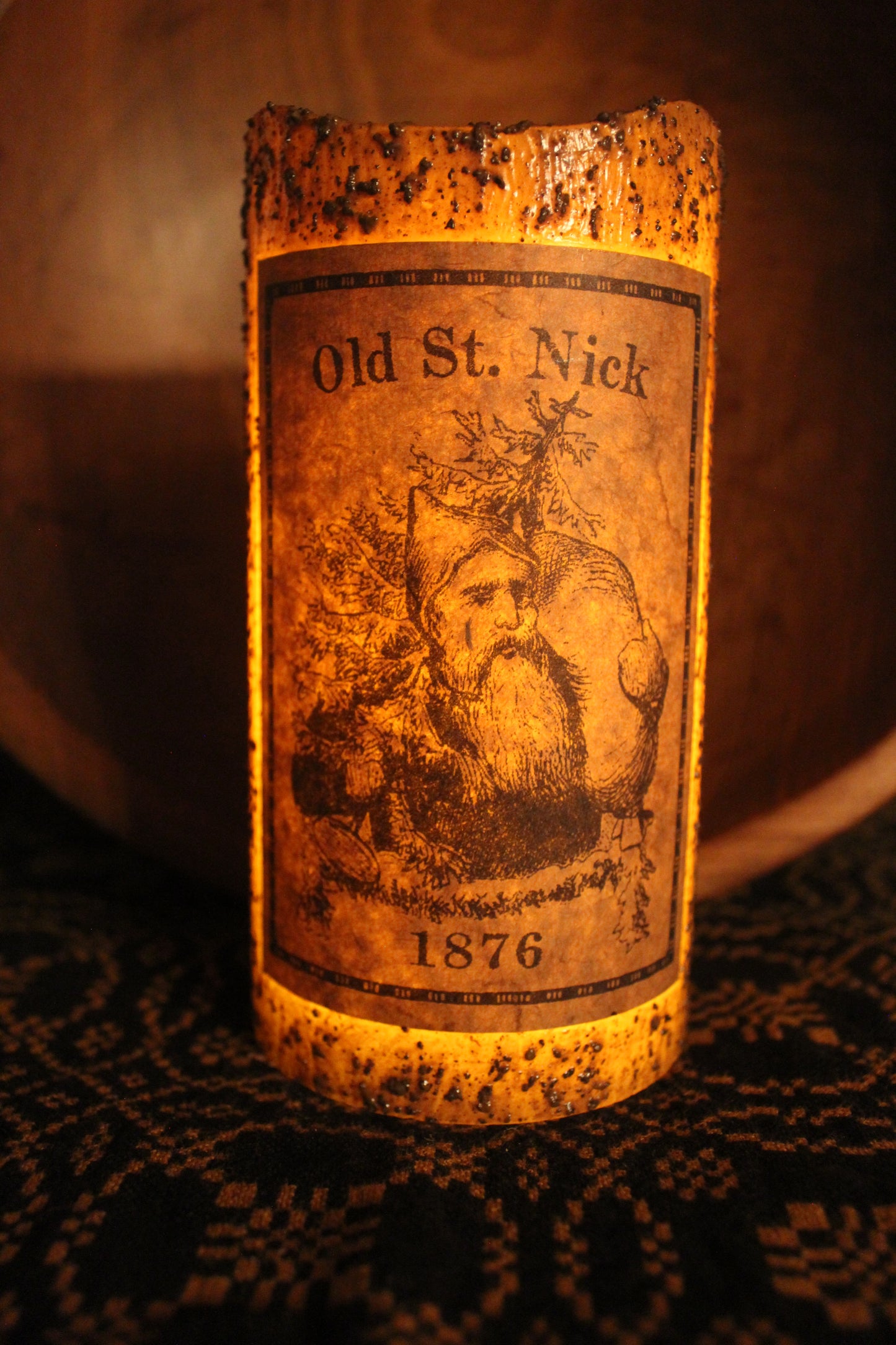 Primitive "Old St Nick 1876" Grungy Flameless Timer Candle 6"x3"