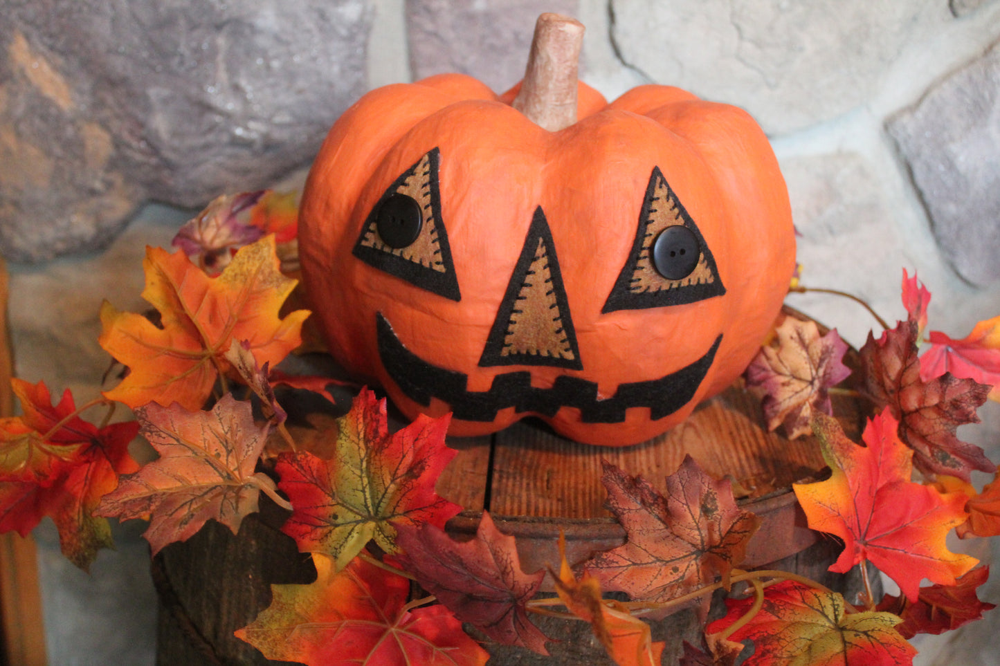 Primitive Paper Mache Pumpkin with Witch Hat 15 1/2" Tall