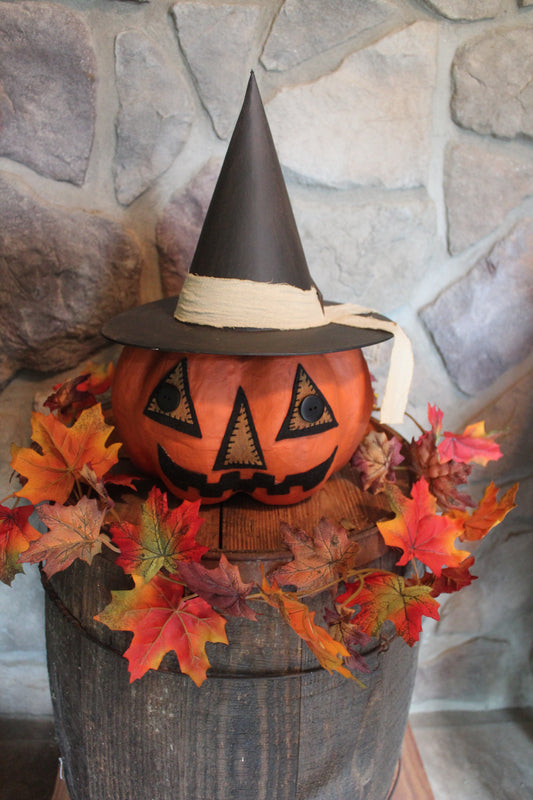 Primitive Paper Mache Pumpkin with Witch Hat 15 1/2" Tall