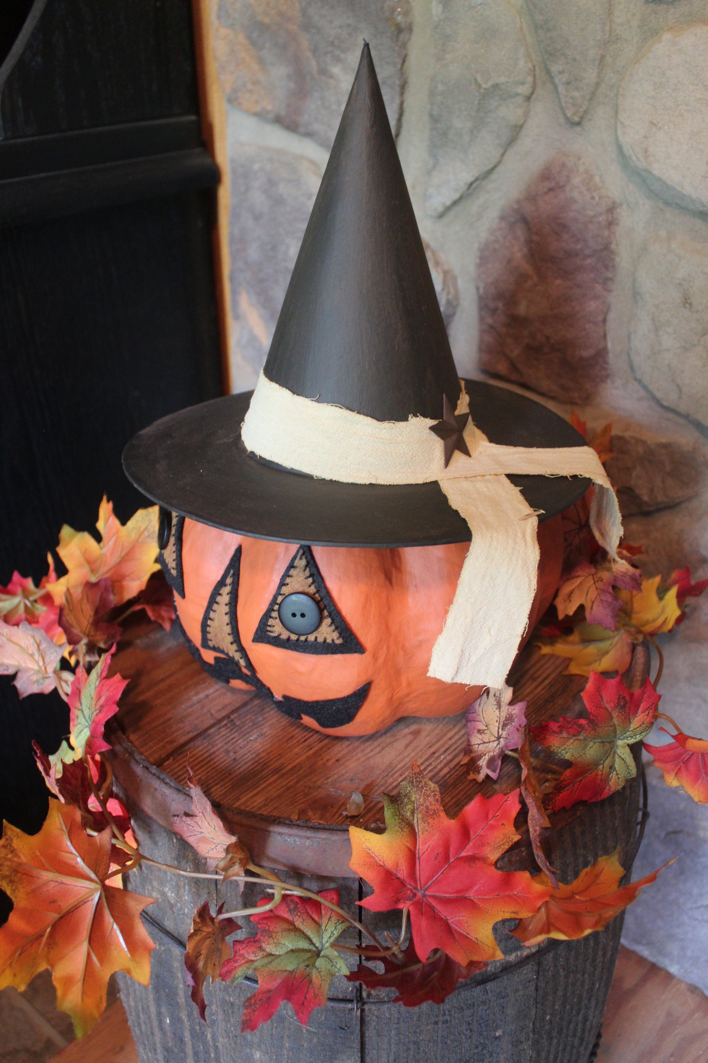 Primitive Paper Mache Pumpkin with Witch Hat 15 1/2" Tall