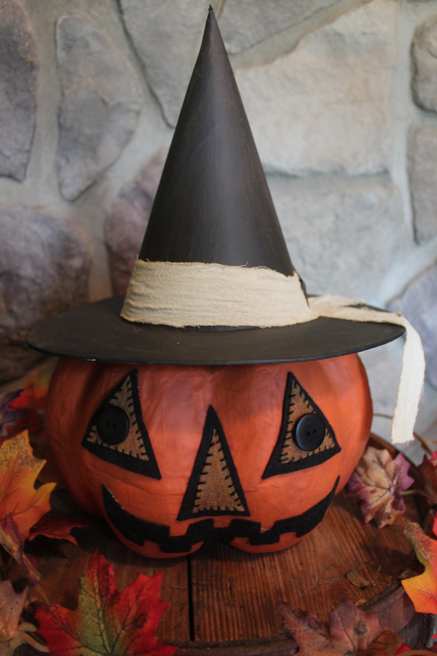 Primitive Paper Mache Pumpkin with Witch Hat 15 1/2" Tall