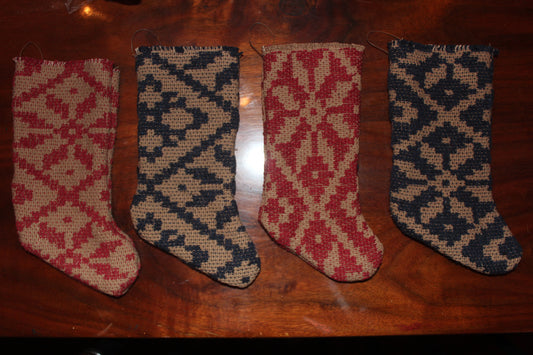 Primitive Coverlet Christmas Stocking Ornaments Set of 4 Snowflake Design