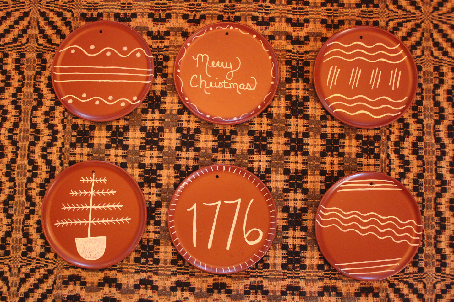 Primitive Faux Redware Plate Ornaments 4 1/4" Set of 6 (Group B)