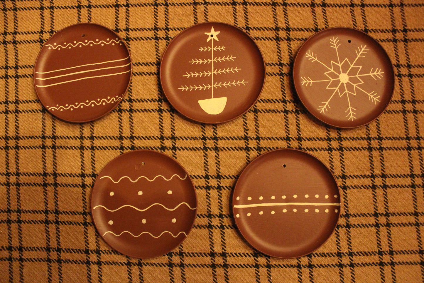 Primitive Faux Redware Plate Ornaments 4 1/4" wide Set of 5 (Group A)