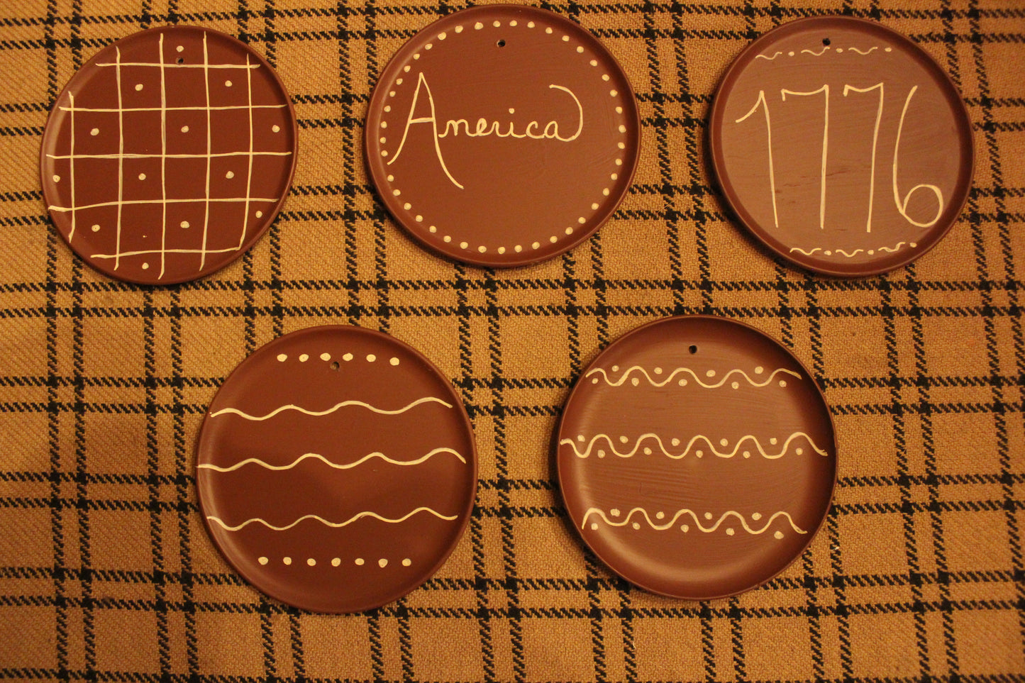 Primitive Faux Redware Plate Ornaments 4 1/4" Set of 5 (Group B)