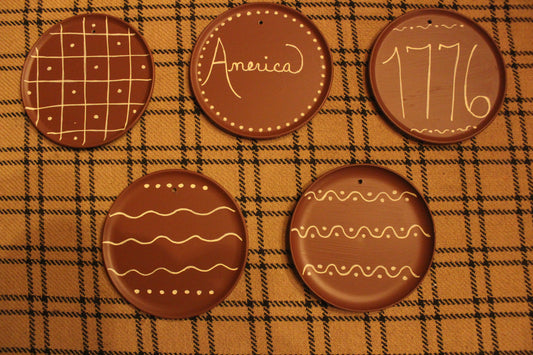Primitive Faux Redware Plate Ornaments 4 1/4" Set of 5 (Group B)