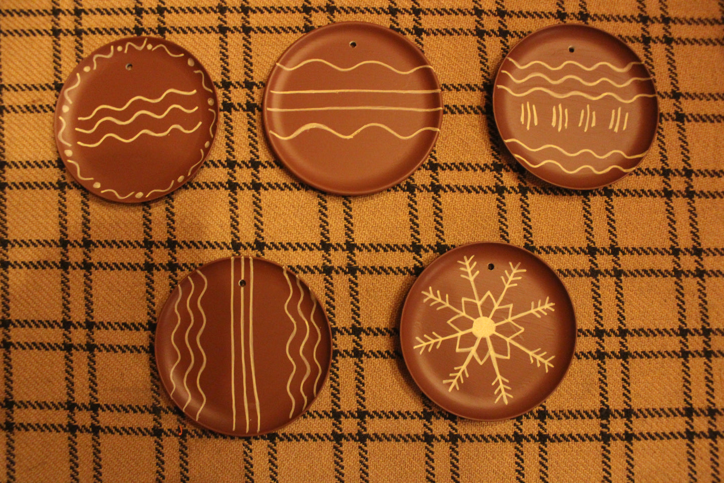Primitive Faux Redware Plate Ornaments 3 1/4" Set of 5 (Group # 2)