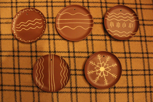 Primitive Faux Redware Plate Ornaments 3 1/4" Set of 5 (Group # 2)