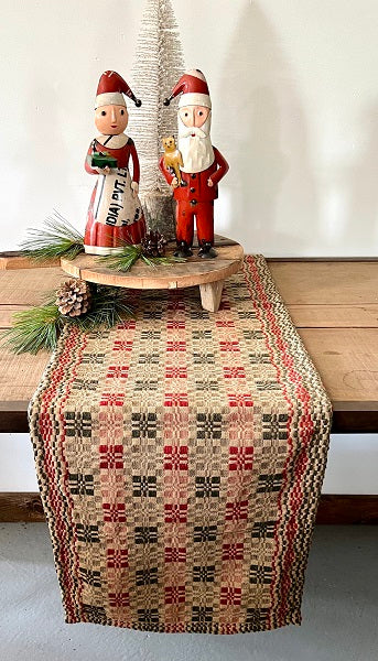 Primitive Parlor Weave Christmas Coverlet Short Table Runner Red/Green/Tan 14" x 32"