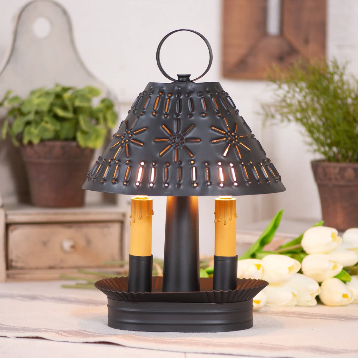Primitive Punched Tin Accent Lamp Smokey Black