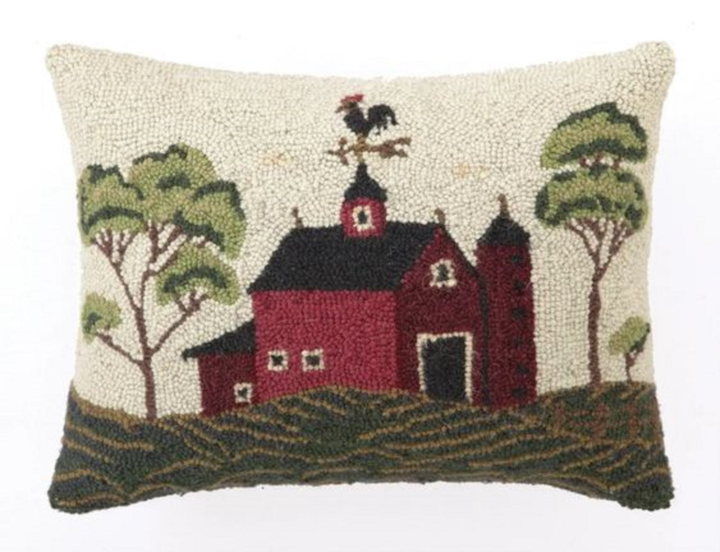 Primitive/Colonial Folk Art Red Barn Hooked Pillow 18"x14"