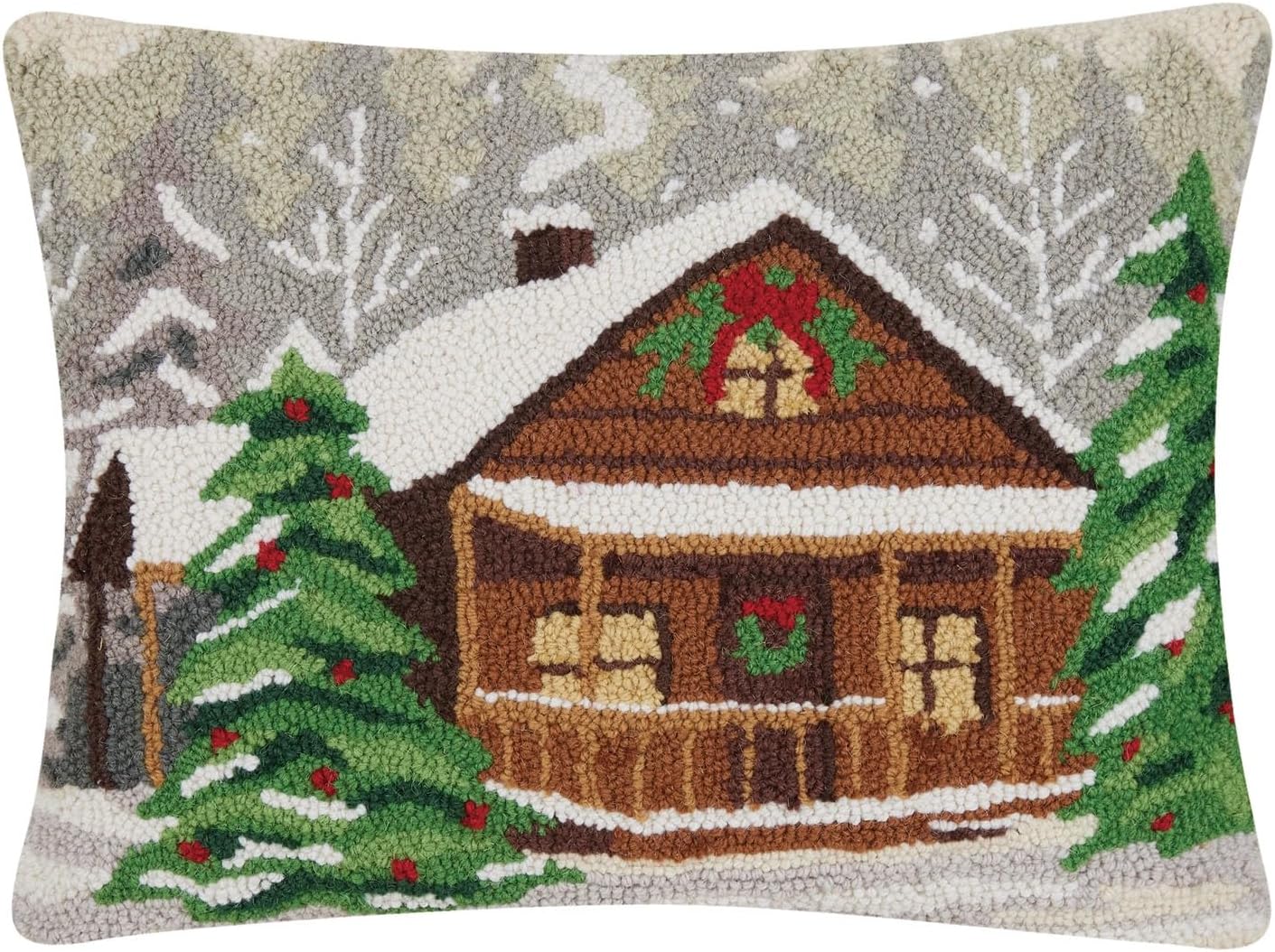 Holiday Woods Log Cabin Hooked Pillow 20" x 16"