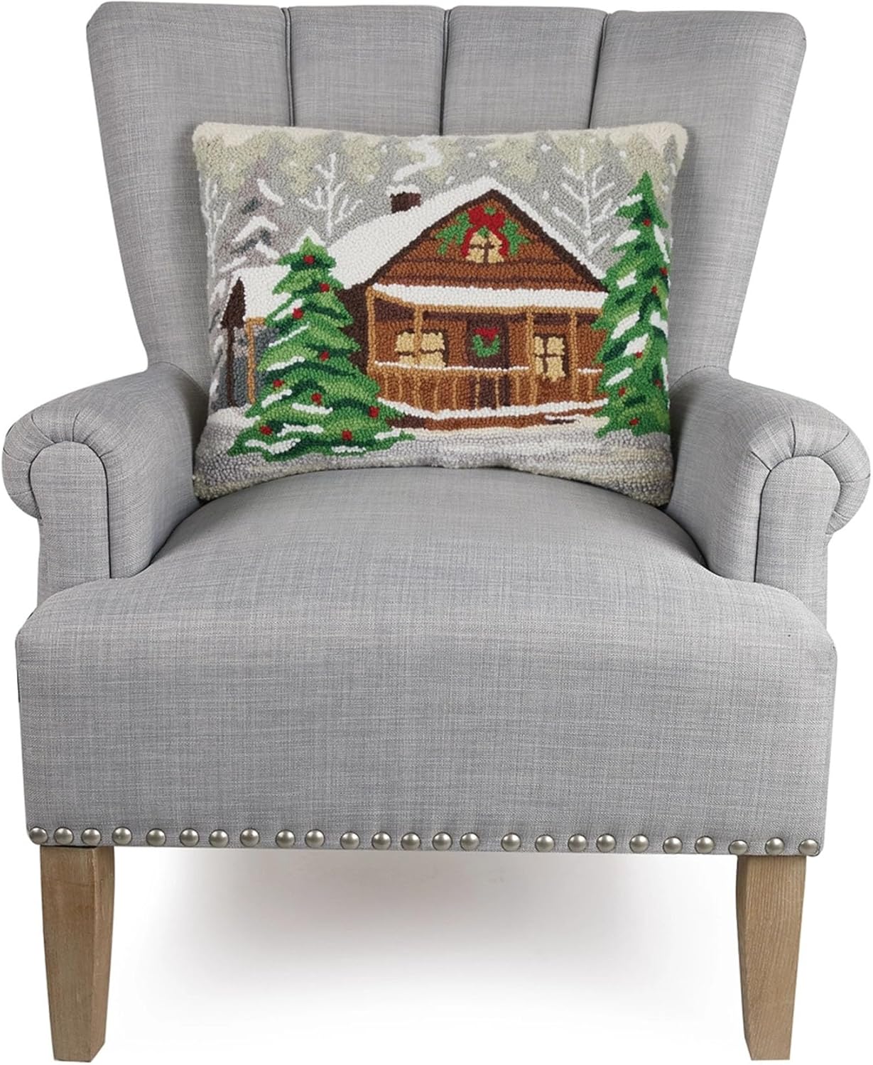 Holiday Woods Log Cabin Hooked Pillow 20" x 16"